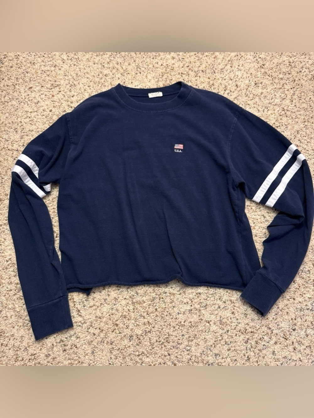 Brandy Melville Navy Long Sleeve Cropped Sweatshirt with White Stripes